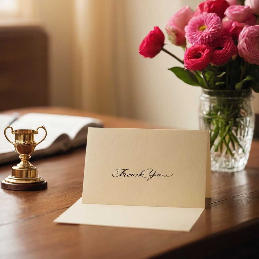 Close-up of a handwritten thank-you note on a desk with a small trophy and flowers in the background, soft light, high resolution.