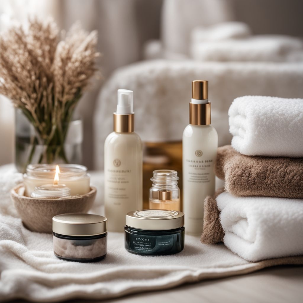A set of luxurious self-care products beautifully arranged on a soft fluffy towel, photographic style, close-up shot with a focus on the textures and natural colors of the products, soft ambient light creating a calming effect, high resolution.