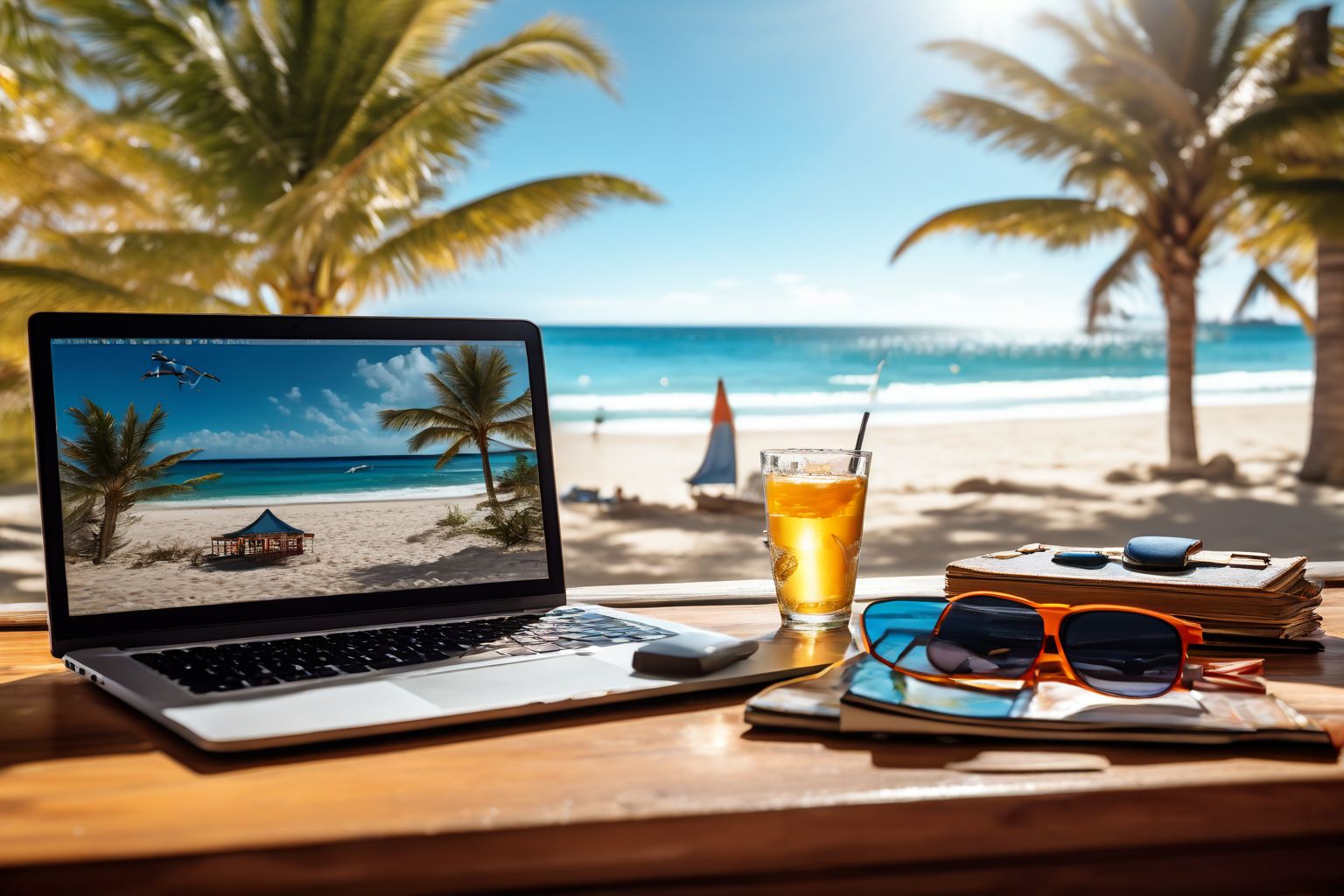 A laptop with a beach background on the screen, sunglasses, and a passport on a desk, symbolizing vacation planning, in a sunny room, Photographic, with a focus on the items, wide-angle lens.