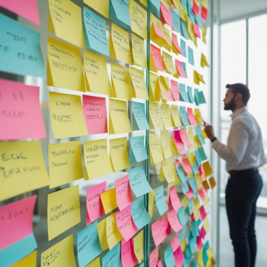 A brainstorming session with sticky notes on a glass wall, each note containing a different strategy for improving user retention, in a light-filled workshop room, Photographic, High-resolution image capturing the colorful notes and group interaction.