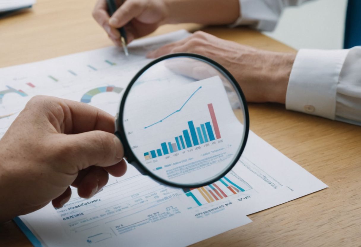 A close-up of hands holding a magnifying glass over a document showing graphs related to user retention, in a brightly lit office environment, Photographic, High-resolution close-up photography with focus on the magnifying glass and natural light.