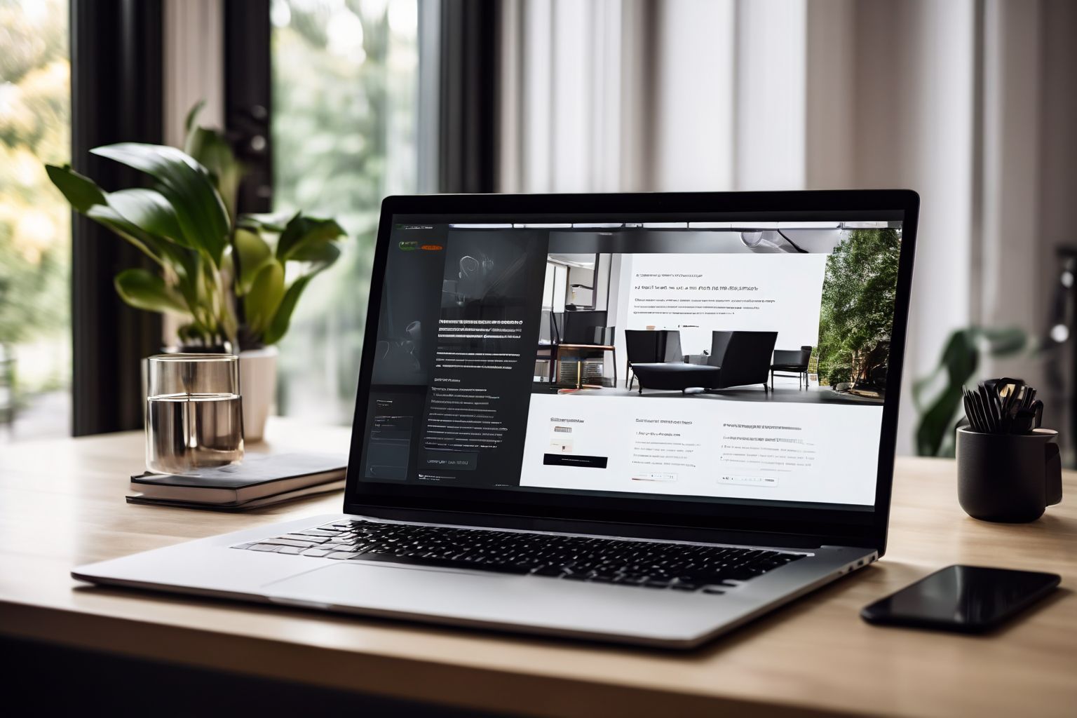 A sleek, modern website displayed on a laptop on a clean desk, bright indoor setting, minimalistic design elements around, Photographic, shot with a sharp focus to highlight website details.