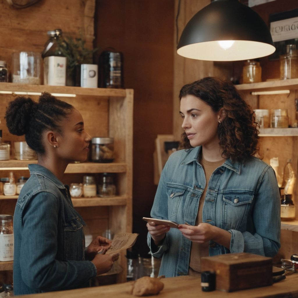 Small business owner discussing products with a young influencer, casual setting in a cozy shop, both examining a product, Photographic, natural light illuminating their interaction.