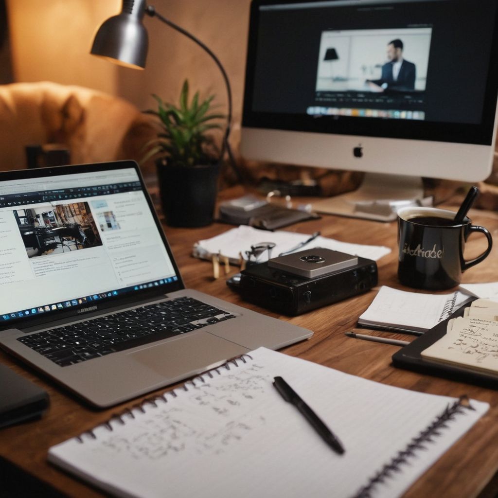 A creative workspace with a digital content layout on a computer screen and notes, pens, and a coffee cup, artistic and busy atmosphere, Photographic, Photography with medium telephoto lens and soft light.