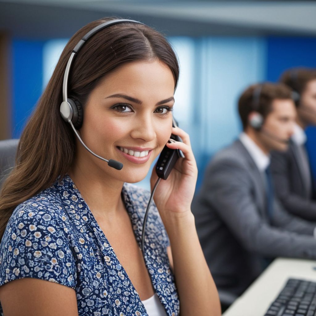 Customer service representative assisting a client over the phone, smiling as she listens and responds, in a modern call center, the atmosphere is professional and supportive, Photographic, captured using soft studio lighting to enhance the friendly demeanor.