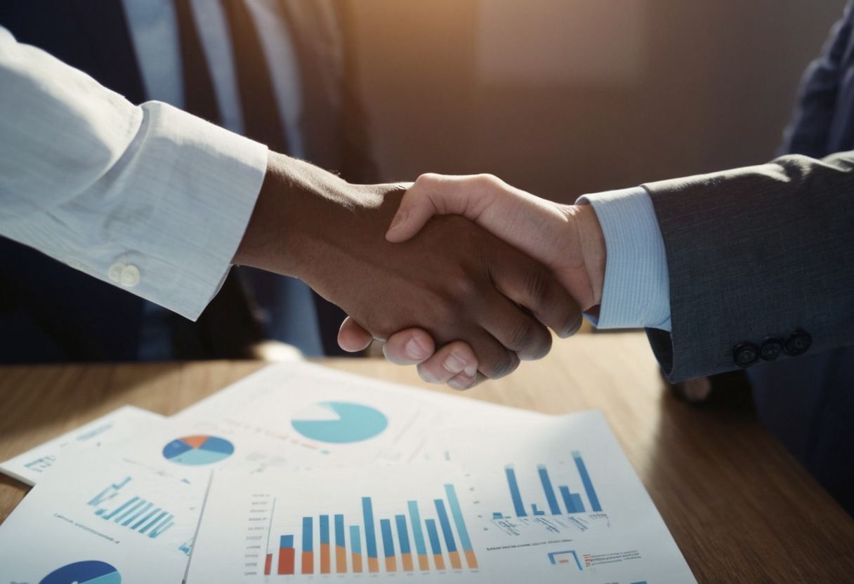 A close-up of two hands shaking over a CRM analytics report, symbolizing improved customer relationships, in a softly lit office environment, Photographic, captured with a sharp focus and high detail using a macro lens.