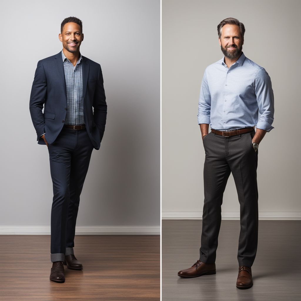 Side-by-side comparison of a man in smart casual and another in business casual attire, standing in an office, Photographic, Photography with a sharp focus and studio lighting.
