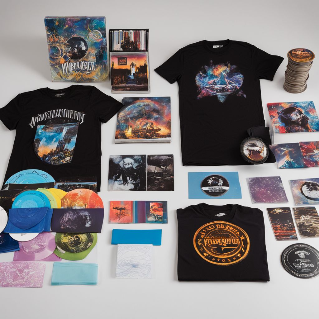 Bundled band merchandise packages on a table, featuring t-shirts, CDs, and stickers, all tied with a branded ribbon, Photographic, Close-up photography capturing the bundled packages in detail, highlighting the attractive arrangement and value offer in a vibrant, well-lit setting.