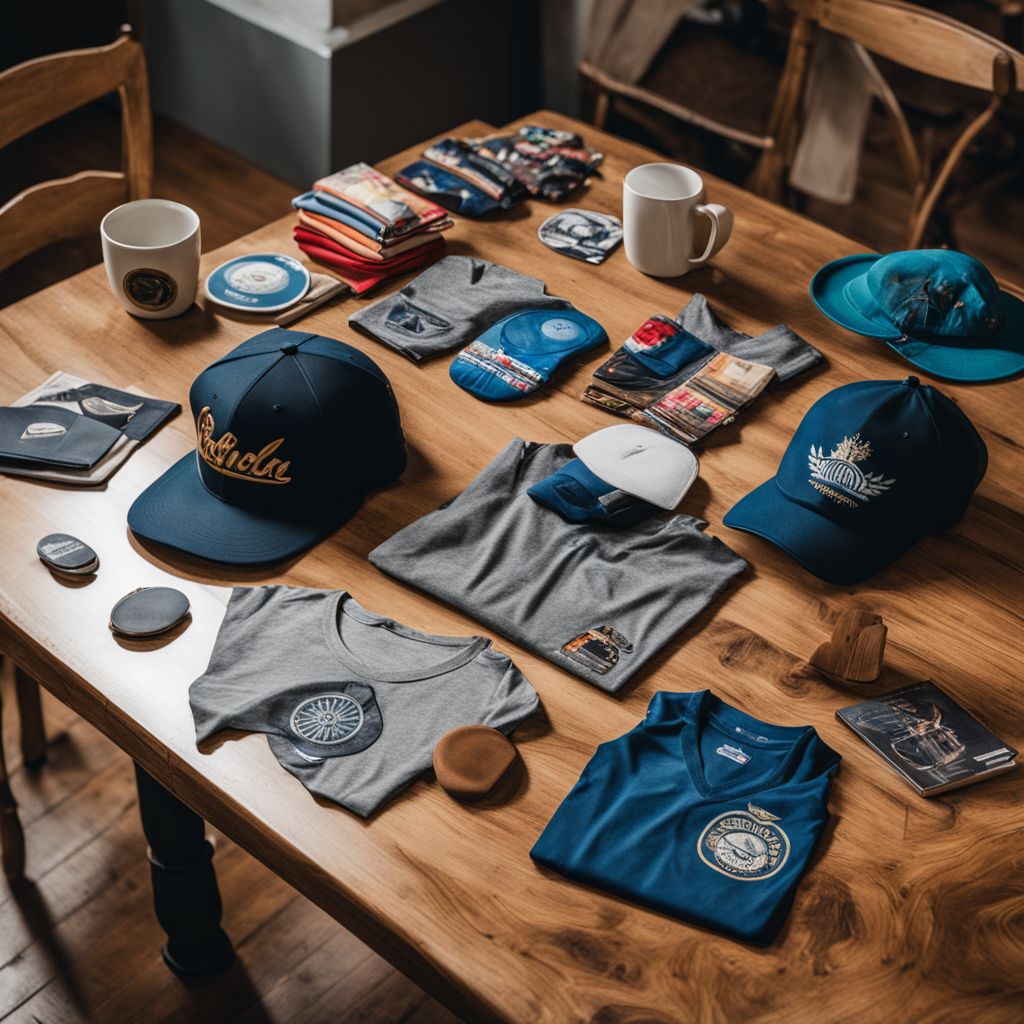 A variety of beautifully designed custom merchandise items such as t-shirts, caps, and mugs arranged on a wooden table, Photography, High-angle with natural lighting.
