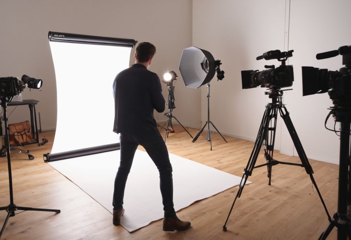 A professional setting up a camera for filming a tutorial, in a bright, organized studio, focusing on the camera and lighting equipment, Photographic style, captured with a high-resolution camera and studio lighting.