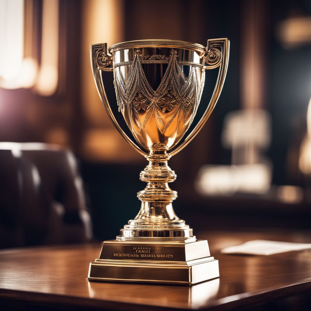 A close-up of a prestigious business award trophy on a desk, with soft lighting highlighting the trophy’s details, Photographic style, captured with a macro lens to emphasize the texture and engravings.