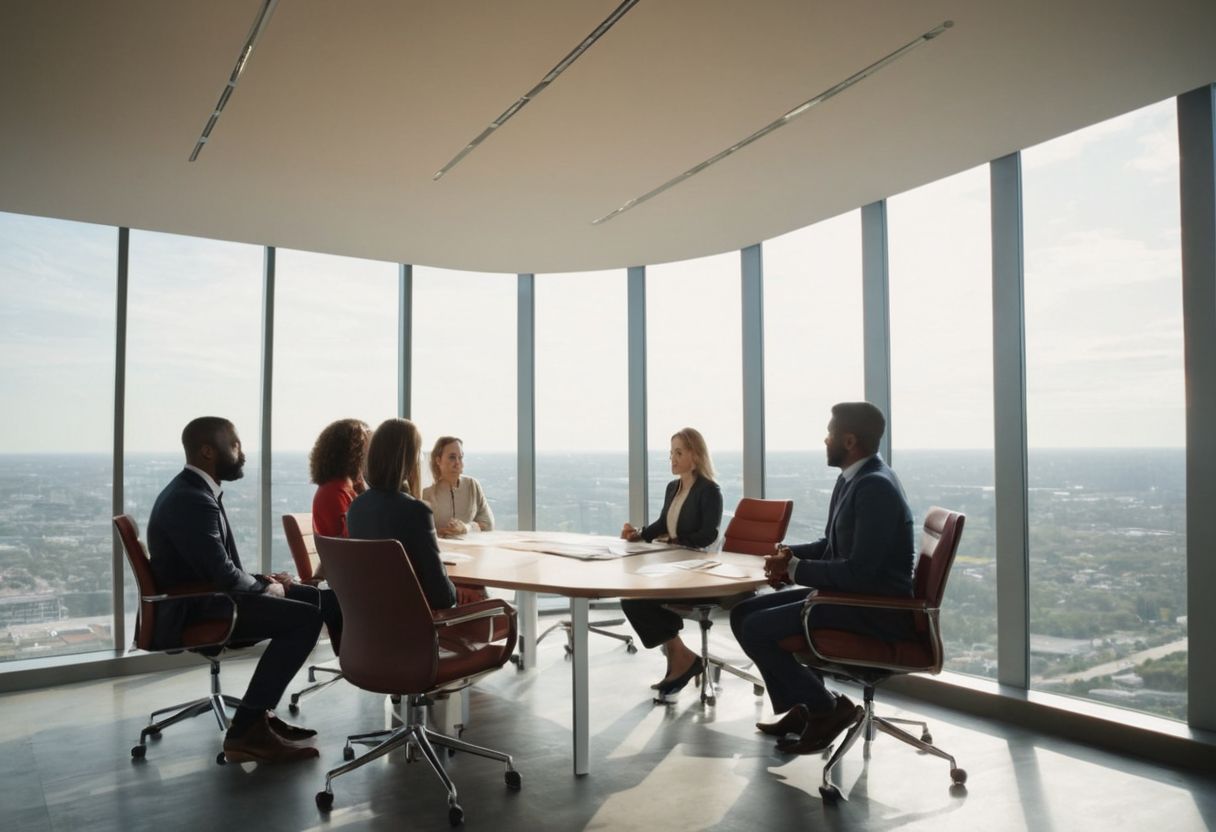 Diverse office team engaged in a meeting, discussing openly in a bright, modern conference room, Photographic, captured in a medium shot with natural light streaming through large windows.
