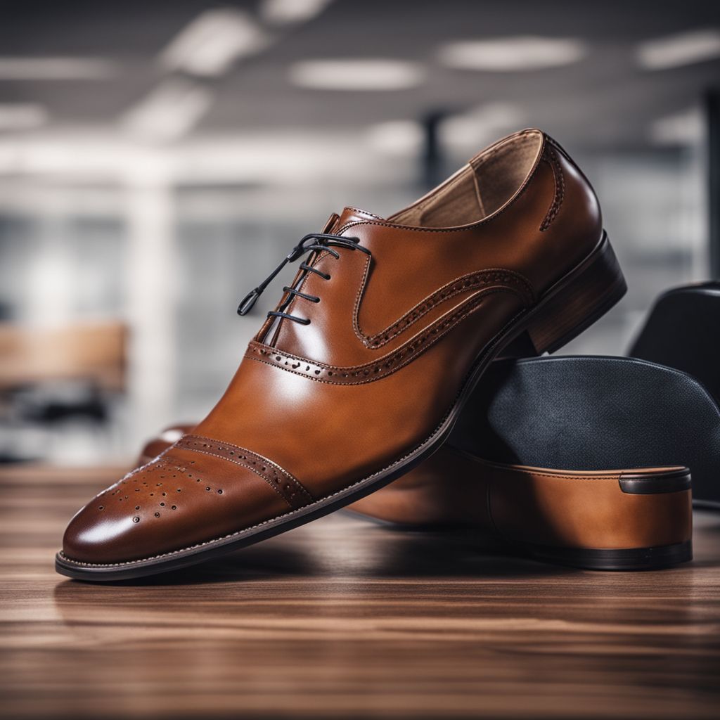 Stylish office shoes suitable for smart casual attire, focused shot on the shoes with an office background, Photographic, Photography with sharp focus, professional lighting.