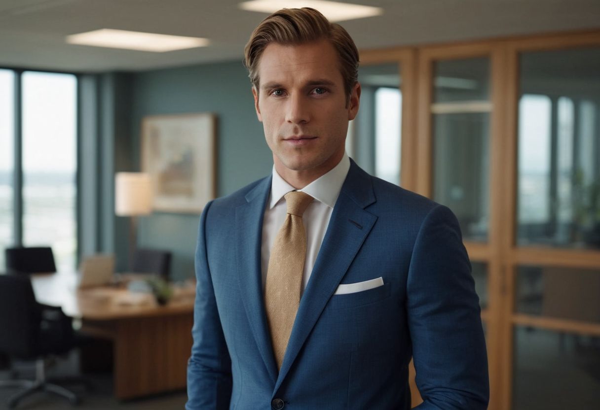 Man in a suit adapted for smart casual office wear, standing casually in an office, focus on styling details, Photographic, Photography with a medium telephoto lens, natural light.