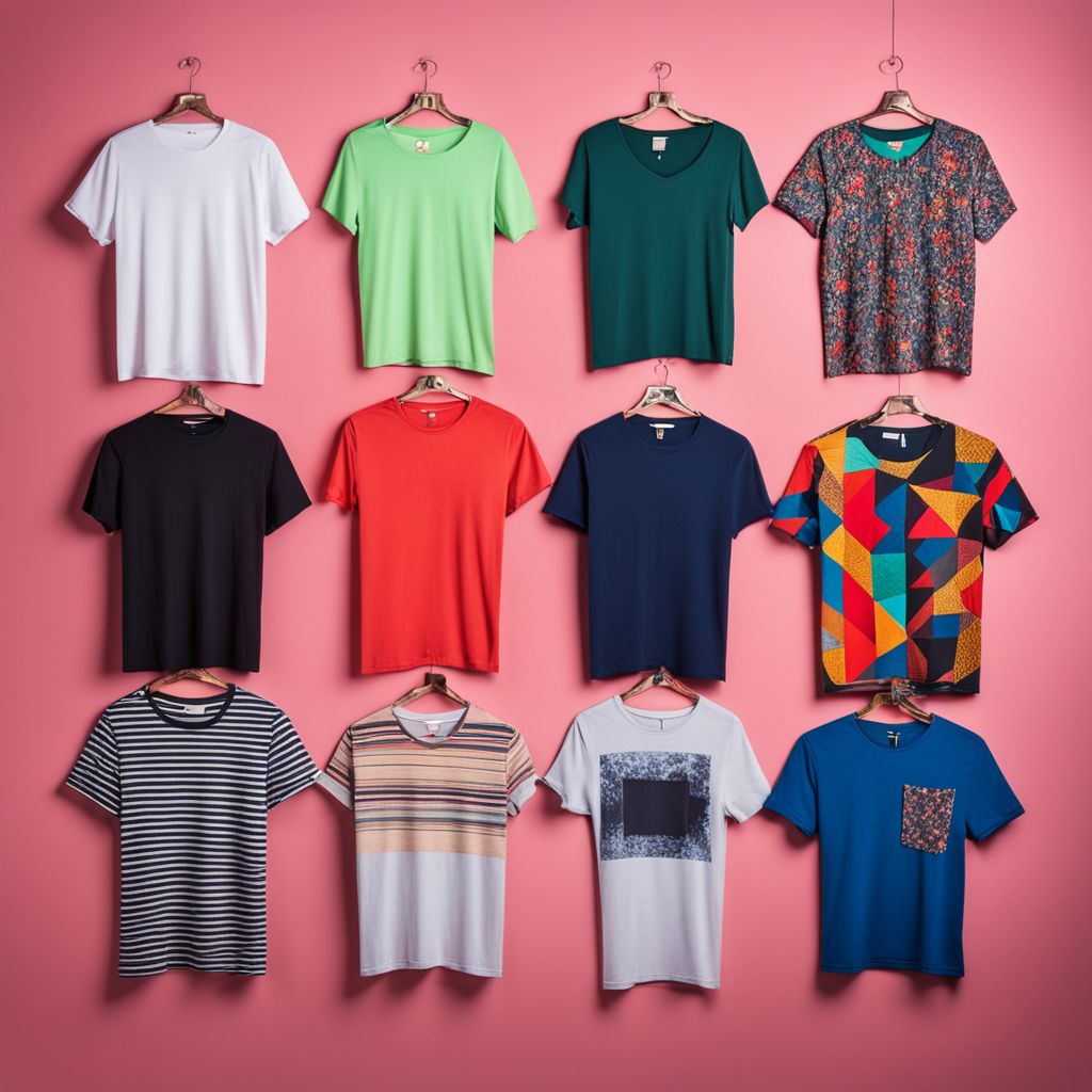A variety of trendy, eye-catching t-shirts neatly arranged on a plain background, each with distinctive, modern designs, photographed in a bright studio setting to highlight the vibrant colors and creative patterns, Photographic, Photography with sharp focus and studio lighting.