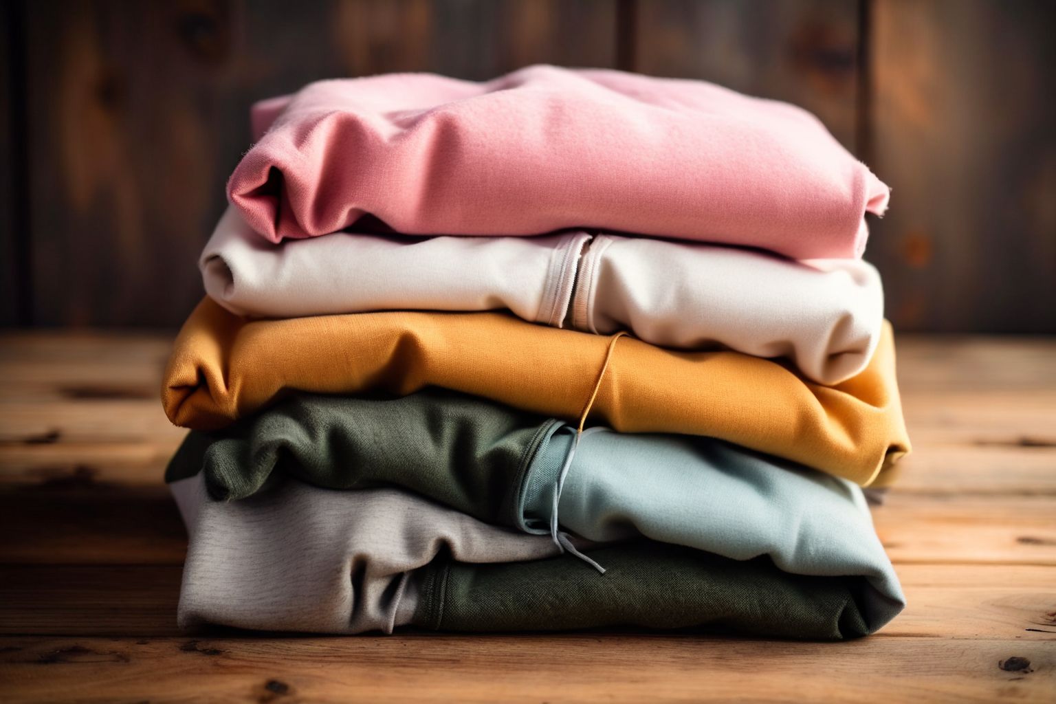 A stack of soft, stylish hoodies in various colors neatly folded on a rustic wooden surface, with warm, natural light creating a cozy atmosphere, Photographic, Photography using a close-up shot to emphasize the soft texture and colors.