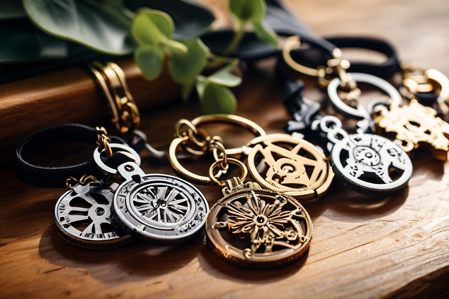 Several stylish band keychains attached to keys, lying on a wooden table, with a focus on the designs under soft, natural light, Photographic, Photography with a close-up shot to show the detail and usability of the keychains.
