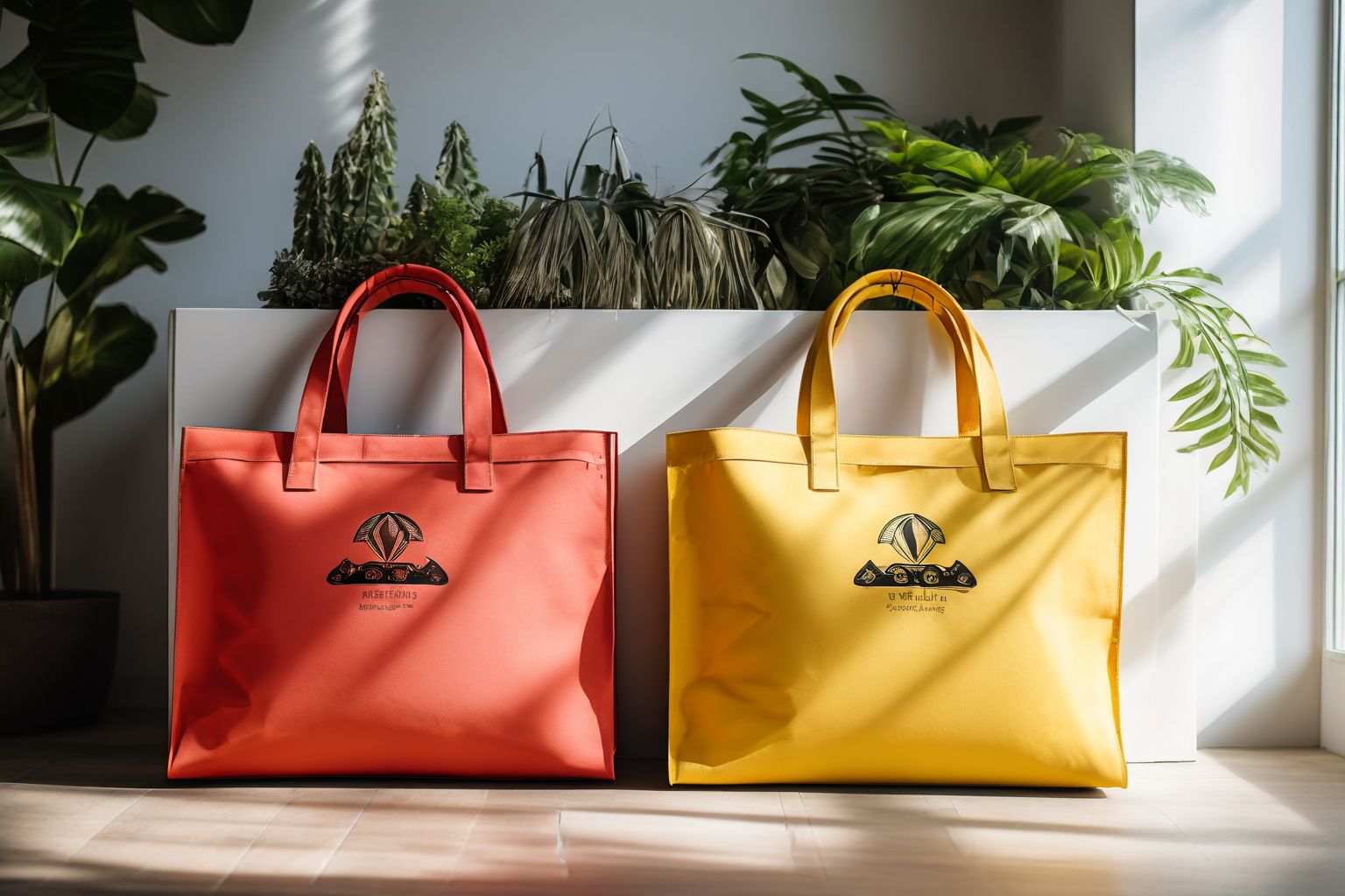 Eco-friendly and stylish tote bags with band logos hanging on a minimalistic wall, captured in a bright, airy setting with natural light, Photographic, Photography using a wide-angle lens to show the bags' design and material clearly.