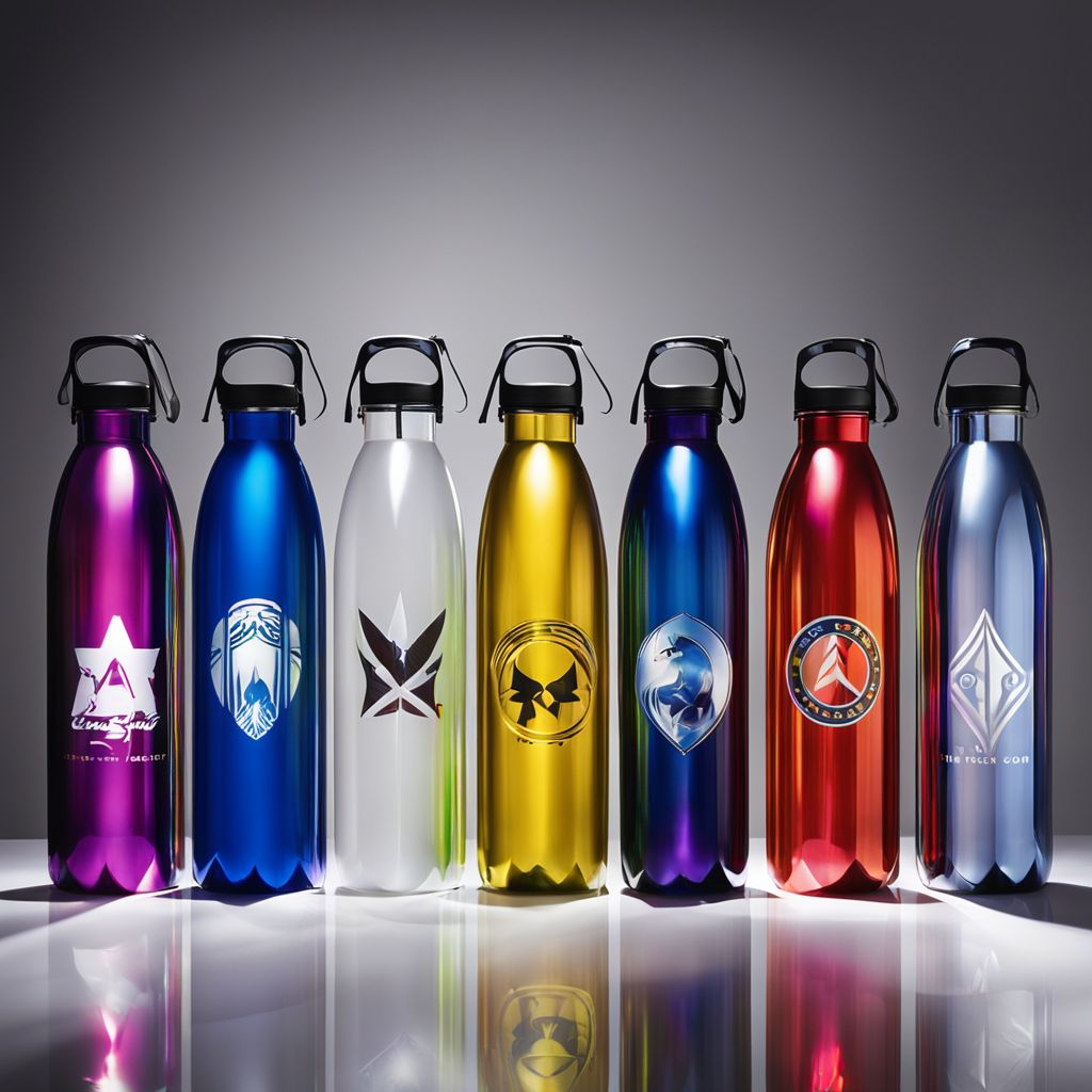 Custom-designed water bottles with band logos, lined up on a reflective surface, photographed with vibrant lighting to highlight the unique designs, Photographic, Photography with a medium shot and sharp focus to showcase the functionality and style.