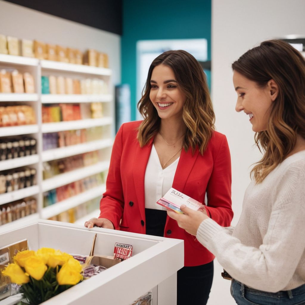 Happy customer receiving a loyalty reward from a friendly staff, in a bright, modern retail store, Photographic, Photography with a close-up shot, vibrant colors and soft focus for an inviting atmosphere.