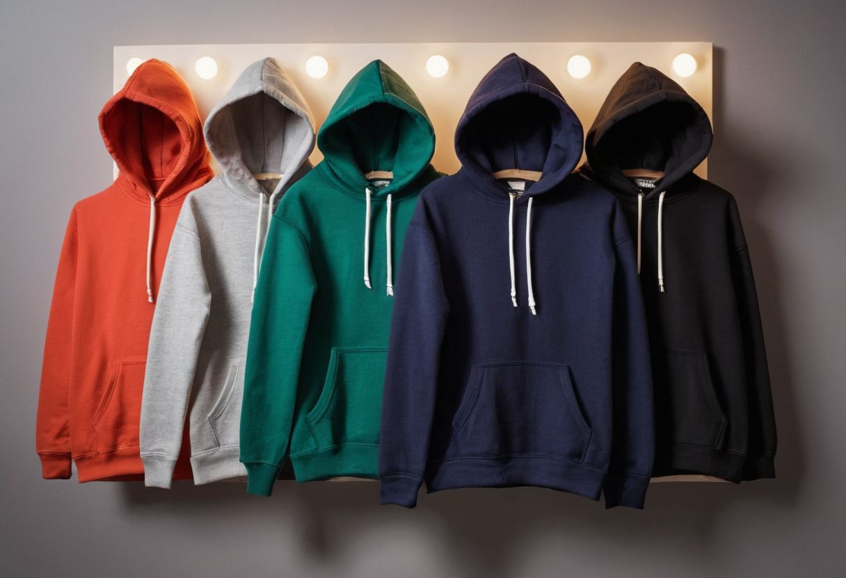 Assortment of hoodies in various colors neatly arranged on a minimalistic background, showcasing modern custom designs, indoor setting with soft lighting, Photographic, High resolution with a wide angle lens.