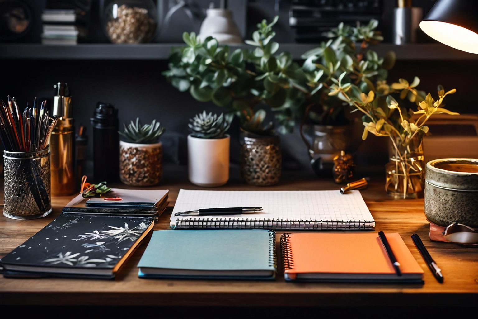 A collection of stylish personalized notebooks on a modern workspace desk, organized and creative atmosphere, Photographic, Medium shot with high detail.