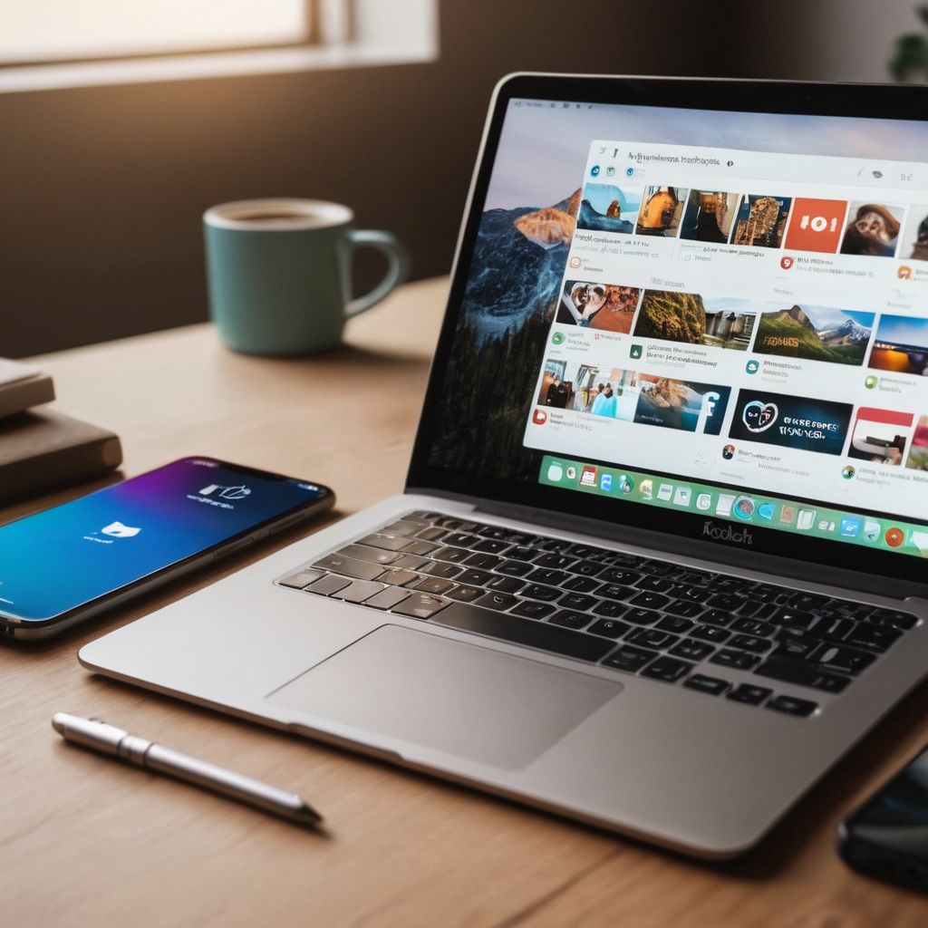 Various social media apps open on a smartphone and laptop placed on a modern workspace, with a neutral background, Photograph, captured in high resolution with professional DSLR showing detailed app icons in natural light.