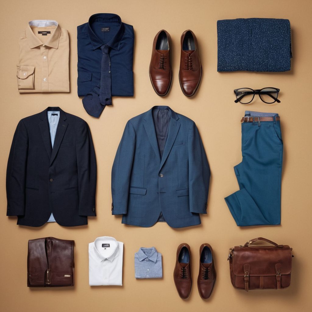 A neatly arranged selection of semi-casual office attire essentials, including blazers, shirts, and shoes, on a clean background, Photographic, Photography with soft studio lighting and high detail.