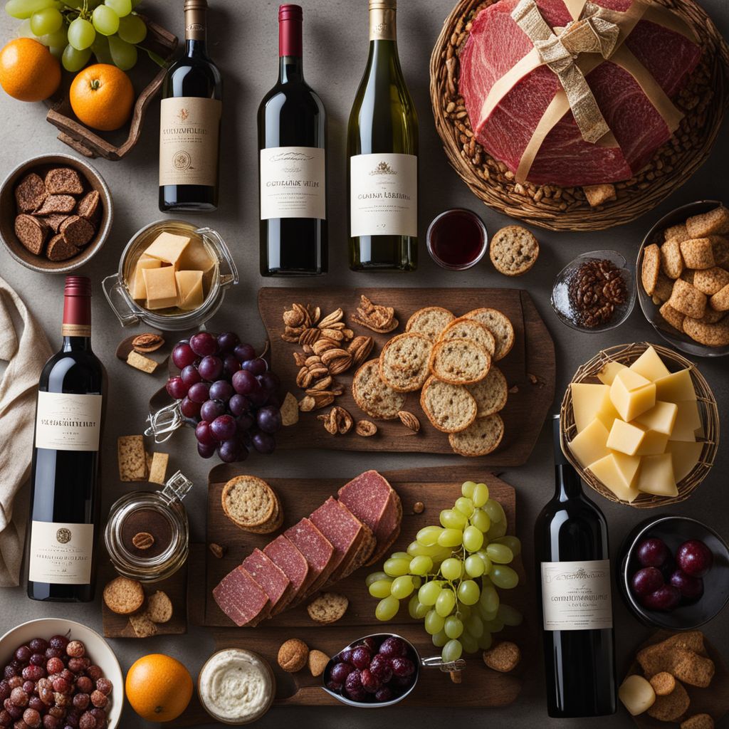 A selection of high-quality products like gourmet food and wine laid out, ready for a gift basket, with natural light highlighting the textures, Photographic, captured in a close-up shot.