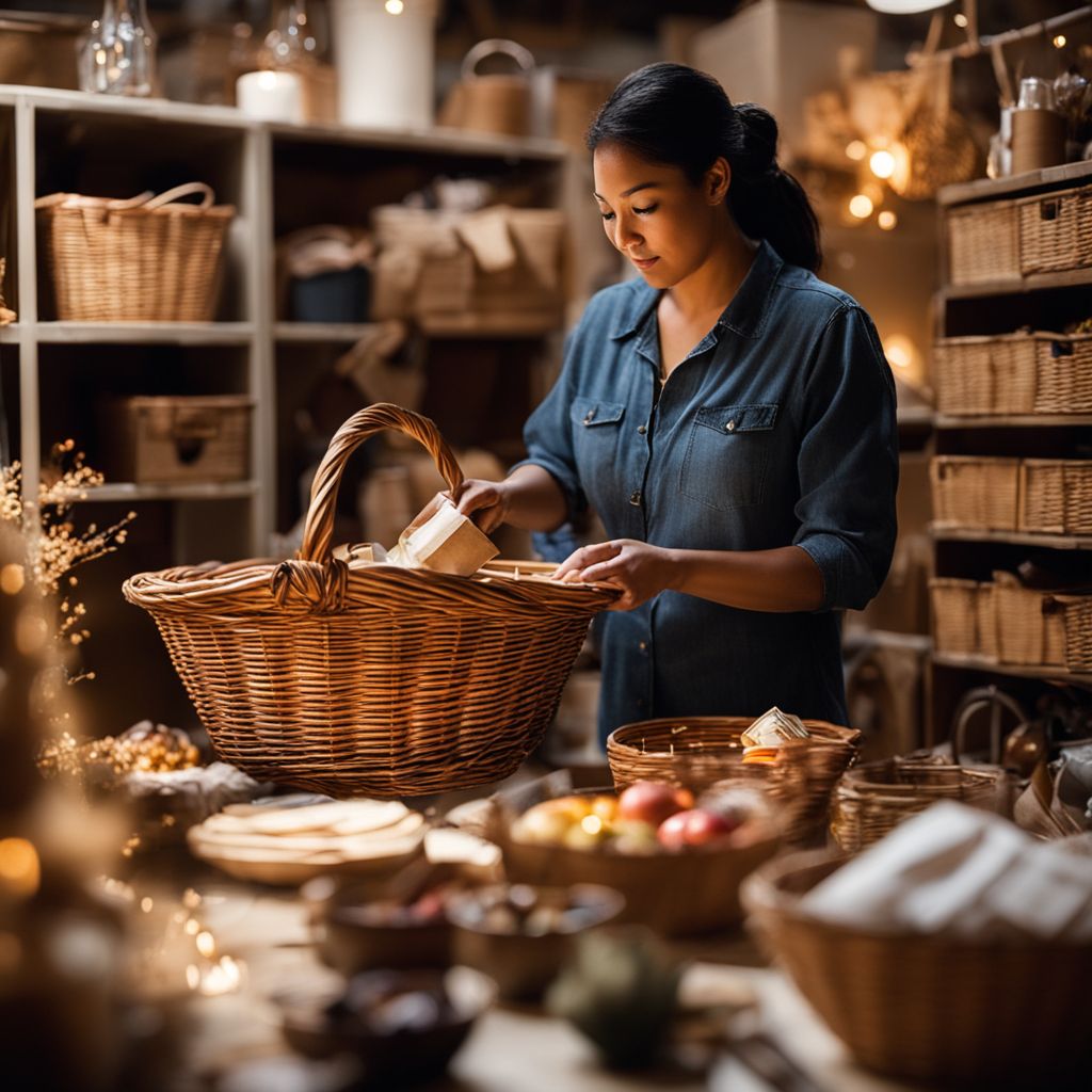 A focused individual arranging items in a gift basket in a workshop setting, illuminated by warm overhead lights, Photographic, taken with a medium telephoto lens to capture the details.
