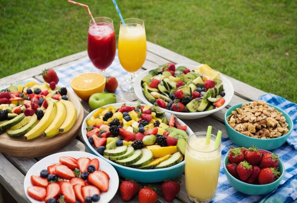 A table filled with summer treats like fruit salads, grilled vegetables, and cold drinks, colorful and appetizing arrangement, outdoor setting with a picnic vibe, fresh and vibrant look, Photographic, high resolution with a focus on food details.