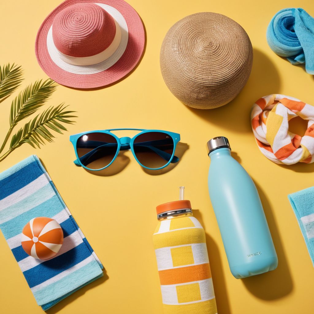 A collection of summer-themed gifts like sunglasses, beach towels, and water bottles, arranged neatly on a bright background, sunny and fun atmosphere, Photographic, high resolution with sharp focus on objects.