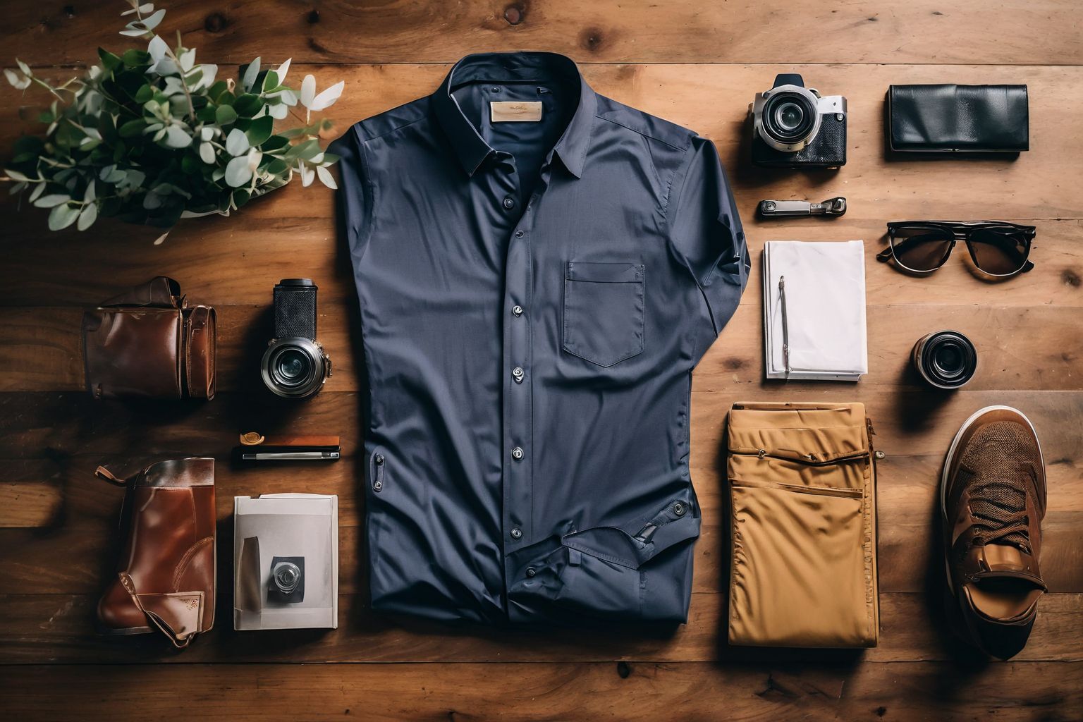 A flat lay of smart casual clothing items including shirts, trousers, and accessories on a wooden surface, Photographic, Photography from overhead in natural light emphasizing the combination of items.