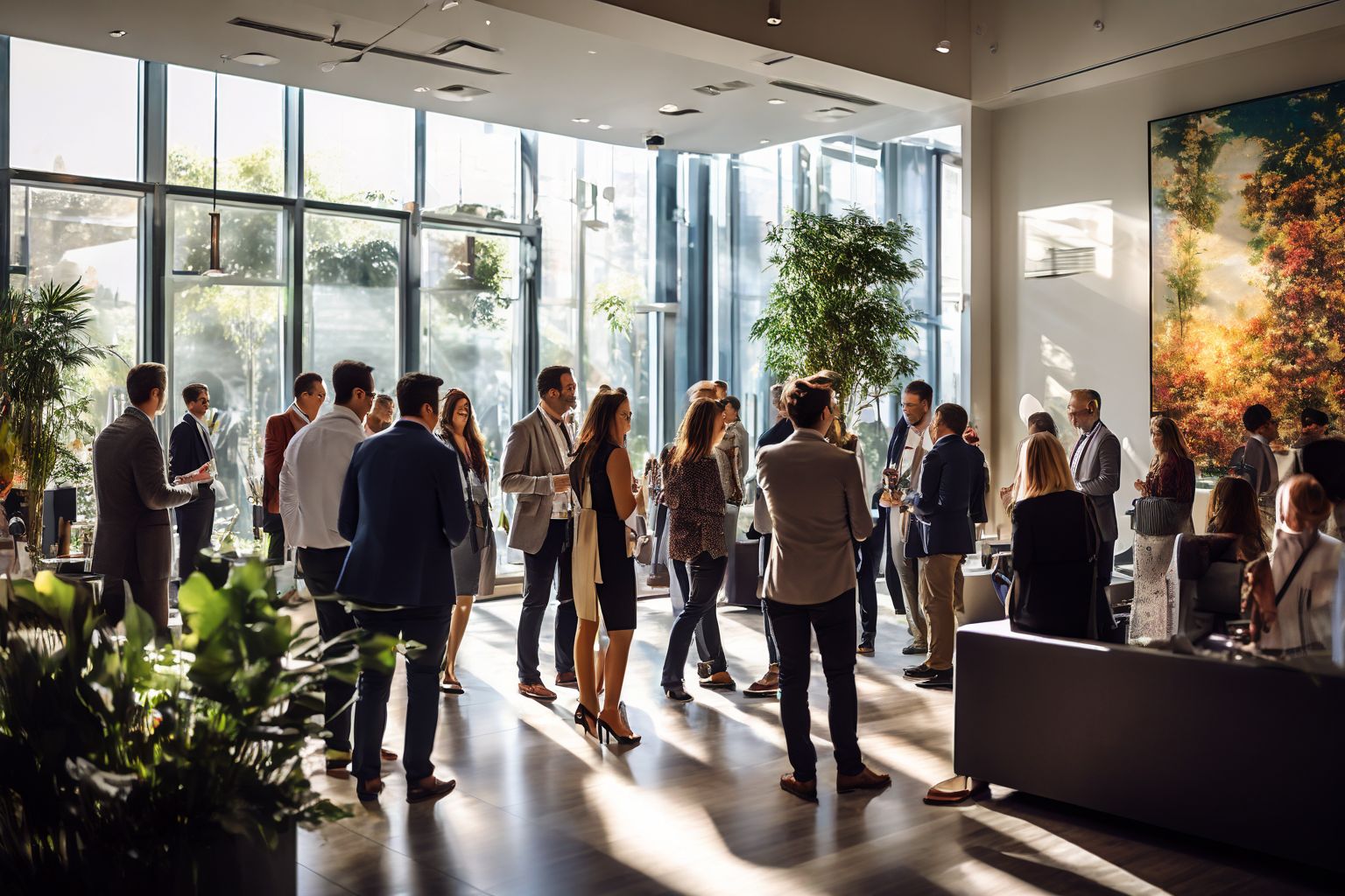 People interacting in an open house event at a decorated company lobby, engaging and welcoming environment, Photographic, wide shot with natural light, high resolution.