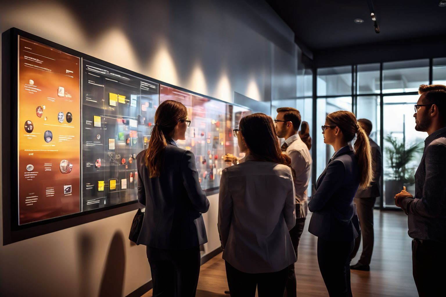 Company employees looking at a timeline wall displaying company milestones, in a modern office environment, feeling inspired, Photographic, taken in medium shot with soft office lighting and high resolution.