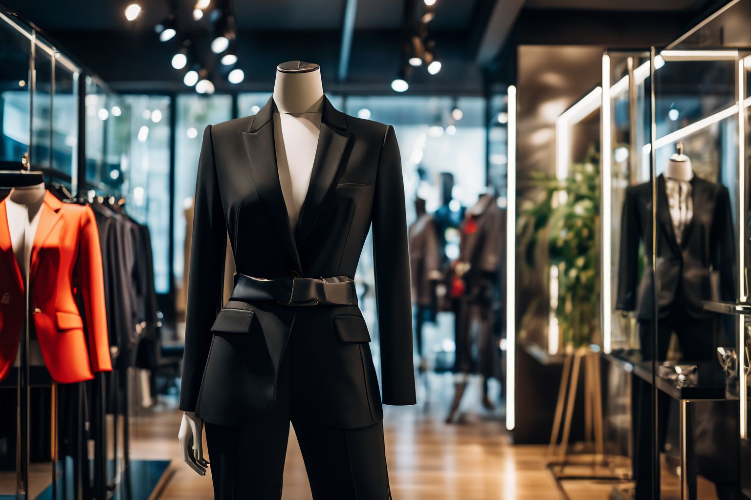 A sophisticated pantsuit on a mannequin in a fashion store setting, highlighting the sleek design and professional look, Photographic, taken with a high-resolution camera and ambient lighting.