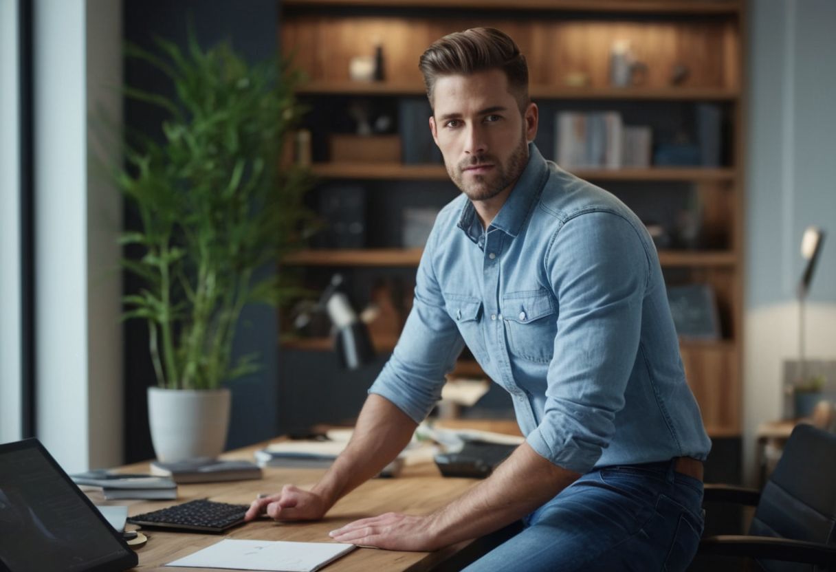 A modern office setting where a professional is wearing jeans, focusing on the styling, Photographic, captured with a medium telephoto lens in natural office lighting.