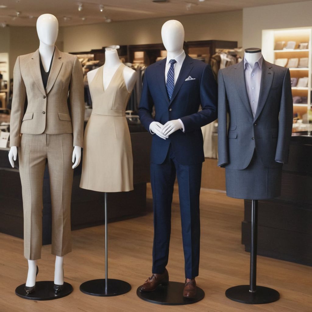 A variety of office attire displayed on mannequins in a well-lit store setting, representing casual to business professional styles, Photographic, shot with a medium telephoto lens for clarity and detail.