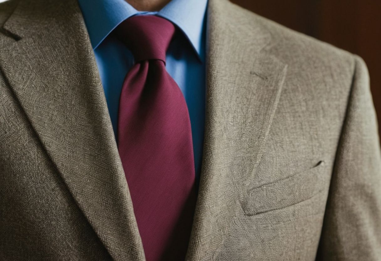 A close-up of business casual attire on a professional, focusing on fabric texture and fit, Photographic, using a macro lens for detailed texture.